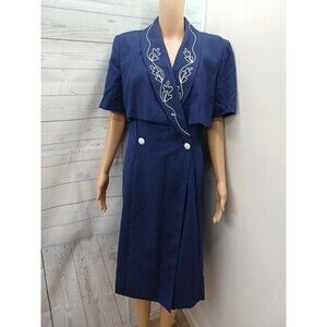 Vtg Lindsey Scott Navyblue White Double Breasted Dress Sz 12P